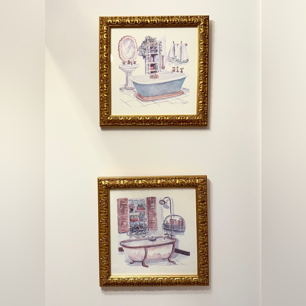 Vintage C. Winterle Olson Framed Art Set Ornate Gold Bathroom Prints (Pair)